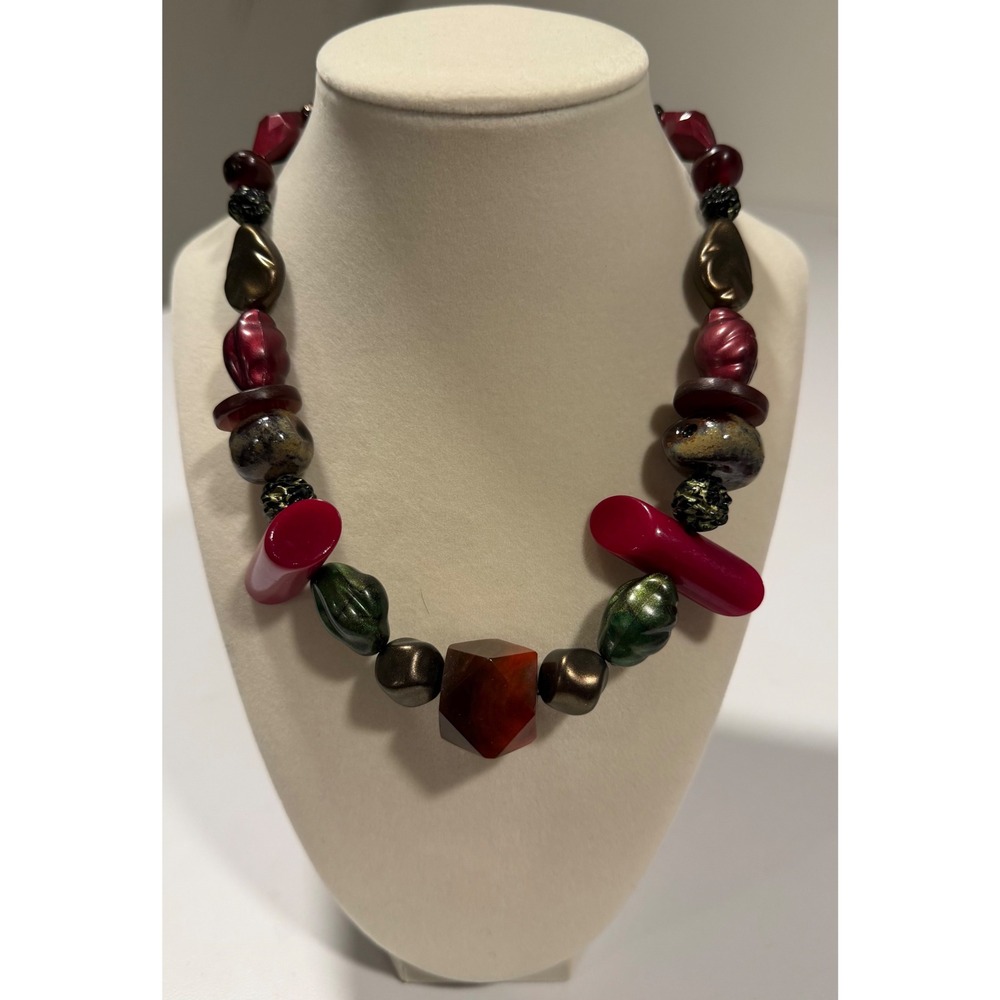 Teresa Goodall Chunky Artisan Bead Necklace Red Green Bronze Statement Jewelry